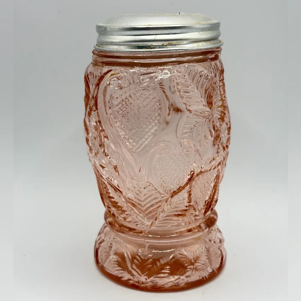 Vintage Pink Strawberry Depression Glass Salt Pepper Sugar Seasoning Shaker, Lid